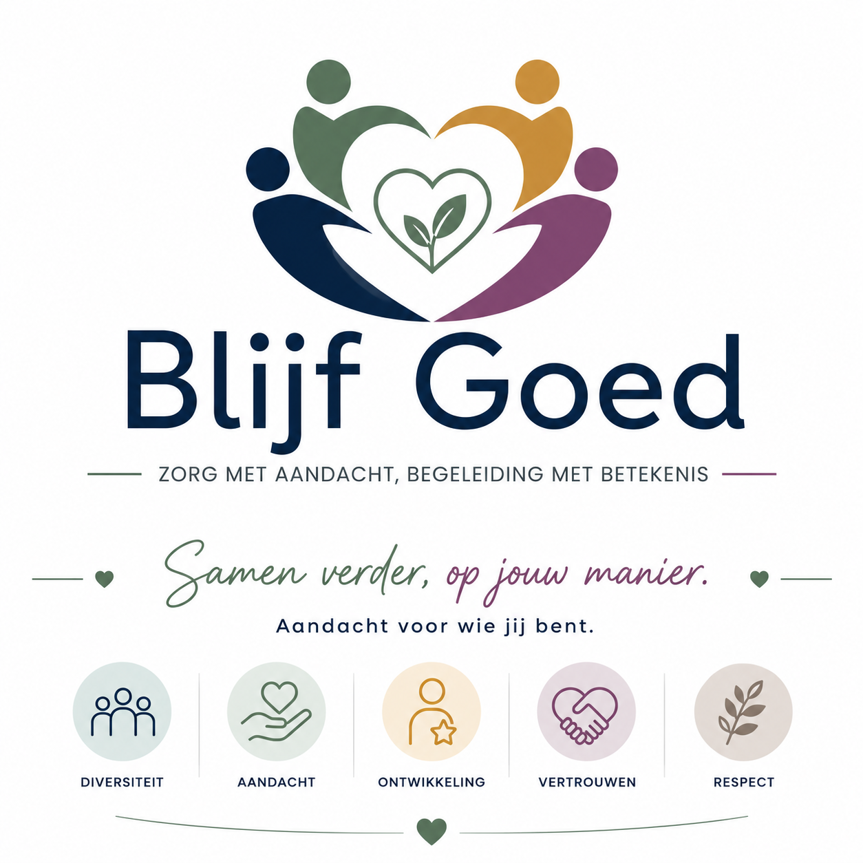 De huisstijl van Blijf Goed met het originele logo en de waarden diversiteit, aandacht, ontwikkeling, vertrouwen en respect